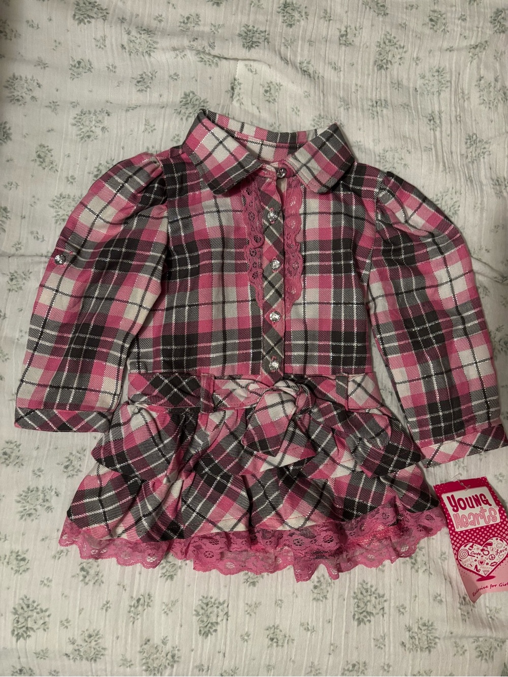 Young Hearts Girls' Pink Plaid Button-Down Peplum Top
